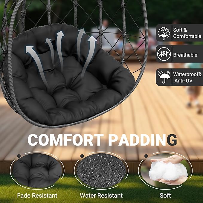 CHABATREE Double Egg Swing Chair with Stand - 2 Person Outdoor Patio Hanging Wicker Hammock Chair with Cushion Dark Grey for Garden Lawn Bedroom Indoor/Outdoor Use