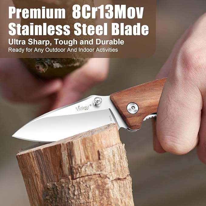 Vickay Pocket Knife Folding Knife 2.75 8Cr13MoV Steel Blade Wood Handle EDC Knife for Men &amp Women Outdoor Camping Tactical Hunting Hiking Survival - Father’s Day Gift