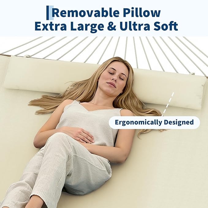 2 Person 12FT Hammocks for Outside Double Quilted Fabric Outdoor Hammock with Spreader Bar Large Removable Pillow Storage Pockets Carabiners Max 450 Lbs Capacity