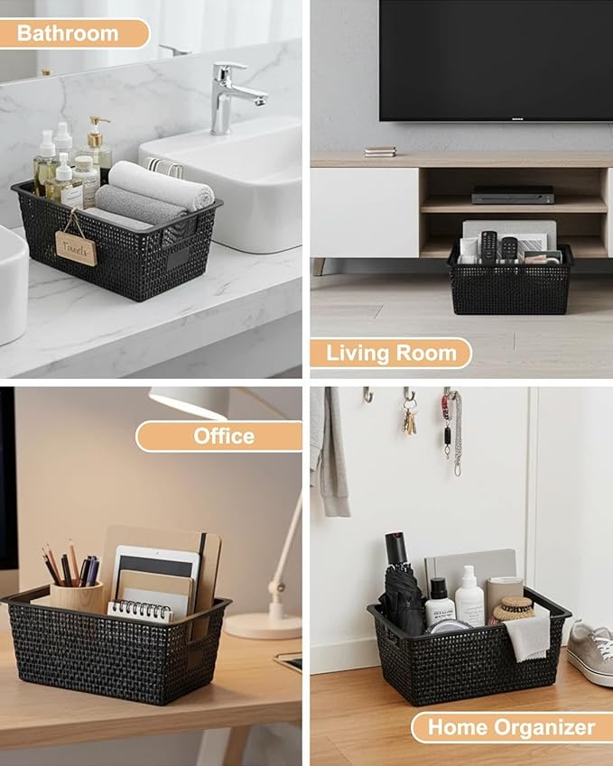 NUMIFUN Storage Bins with Lids Set of 6 Stackable Woven Design Black Plastic Containers with Easy Pull Handles Interlocking Rim Stackable Storage Boxes with Lids for Pantry Closet