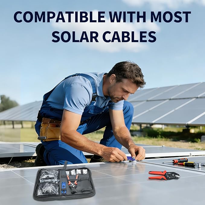 60PCS Solar Connector Crimping Tool Kit for Connecting Solar Panel Cable Wire with 30 Pairs MC4 Connectors AWG13-10 Crimper and Stripper2pcs Spanner WrenchSolar Panel Connectors in the bag.