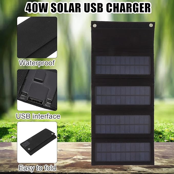 Solar Panel Kit Portable Solar Panel 40W Output Efficiency High Conversion Efficiency Foldable Solar Panel Portable Solar Panels for Hiking for Backpacking (Black)