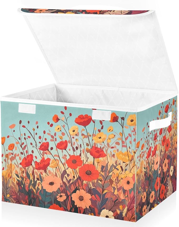 Collapsible Storage Bins with Lids Decorative Fabric Storage Cubes Closet Organizer and Storage Basket Boxes Containers for Clothes Box Chest Nursery Folding Rectangle Autumn Poppy Flowers