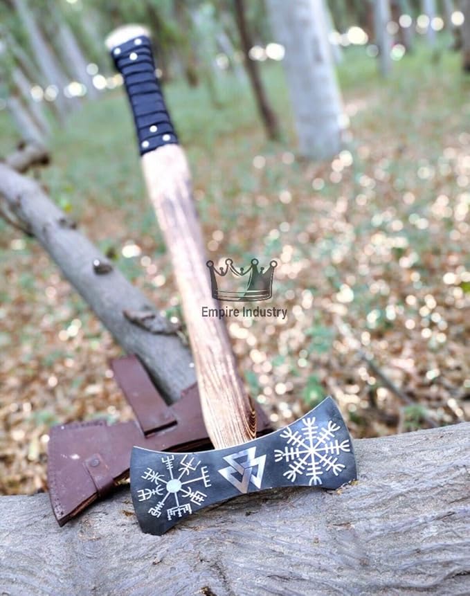 Handmade High Carbon Steel Double Edge Viking Axe - Valhalla Axe with Sheath - Viking Hatchet - Hunting Axe - Ash Wood Handle by Empire Industry