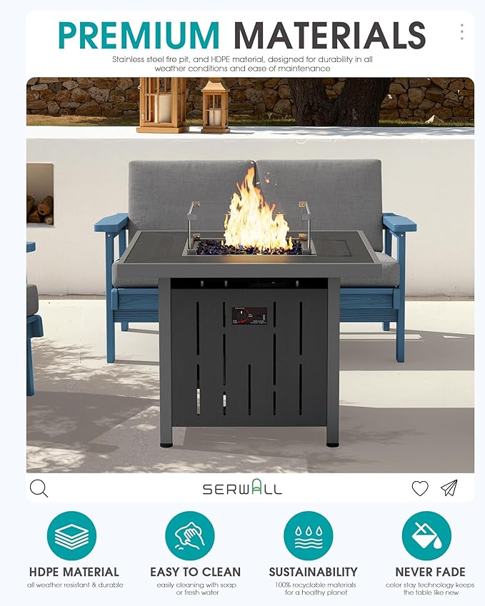 SERWALL 33 Outdoor Fire Pit Table 50000 BTU Square Propane Fire Pit Table with Lid Glass Rock &amp Glass Wind Guard HDPE Outdoor Furniture for Patio Garden Backyard Black