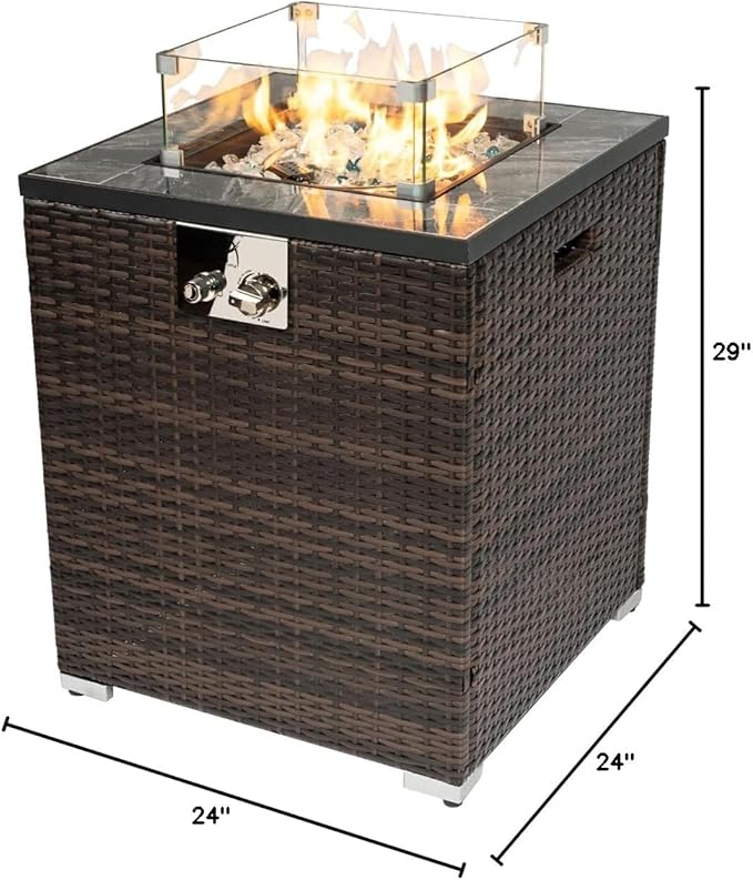 24in Outdoor Propane Gas Fire Pit Table 40000 BTU Auto-Ignition Gas Firepit with Glass Wind Guard Marble Tile Tabletop Mixed Color Glass Rocks Brown PE Rattan