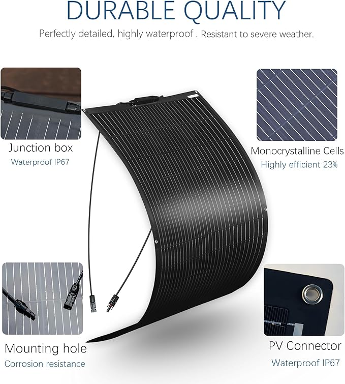 Flexible Solar Panel kit 100W Monocrystalline module10A charge controllerExtension cable Off-Grid Charger for RV Boat Van Car Curve Surfaces (100W SOLAR KIT)
