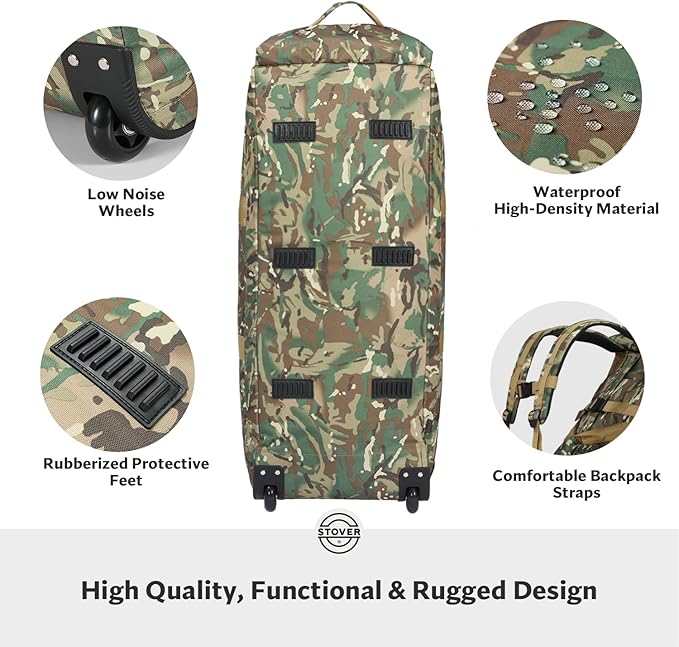 STOVER 45/80/100L Rolling Duffel Bag with Wheels X-Large Durable Travel Duffle + Toiletry Bag Heavy Duty Packable with Shoulder Straps- Use as Luggage or Backpack (Camouflage)