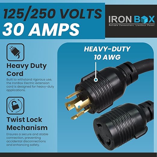 IronBox Electric NEMA L14-30P to L6-30R Plug Adapter Power Cord - 30A 10 AWG 125/250V - Heavy Duty UL Listed Power Cable for Generator Outdoor Data Centers Camper &amp More (1 ft Molded)