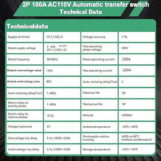 100amp AC110V Automatic Transfer Switch with LED Display 50/60Hz 2P ATS Auto Dual Power Outdoor Changeover Switch for Home GeneratorL1 Priority Din Rail Mount CE Certified Selector Transfer Switches