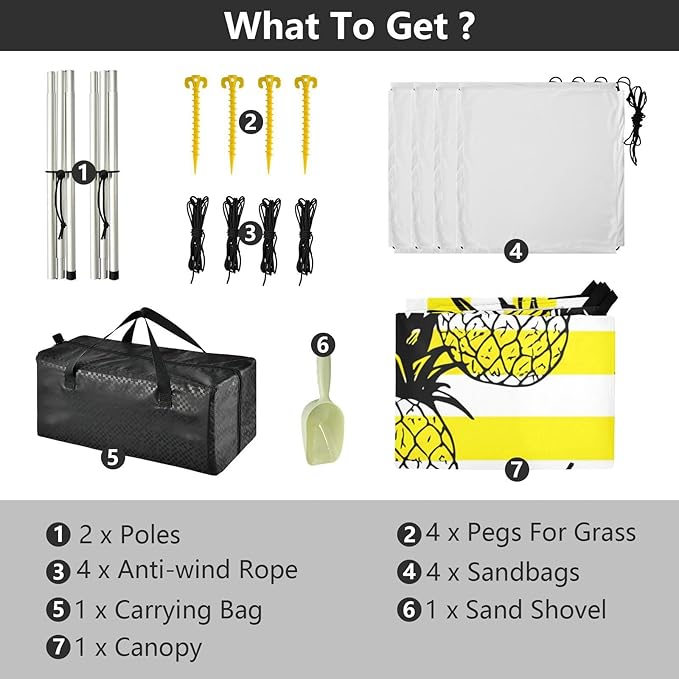 Beach Canopy with Windproof Ropes &amp Sandbags Beach Tent Sun Shade Sun Shelter for Camping Trips Fishing Backyard Fun or Picnics Pineapple