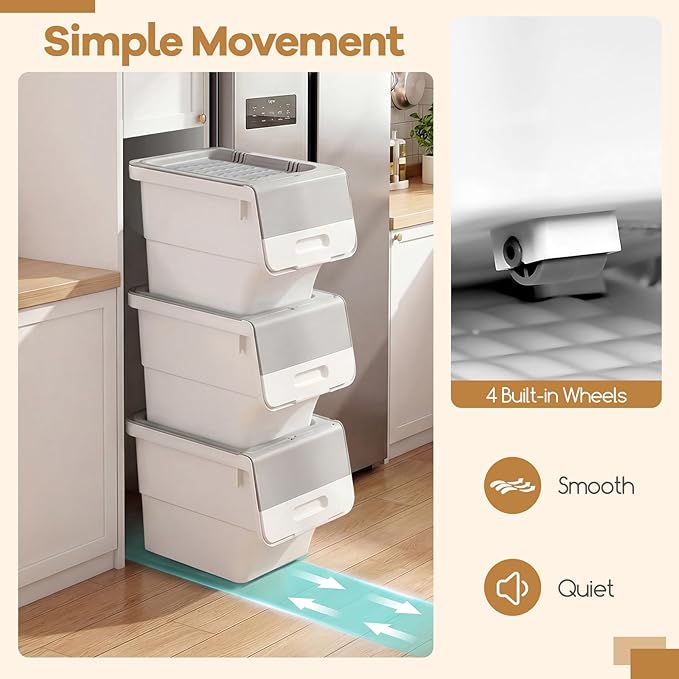Giantex Plastic Stackable Storage Bins with Lids &amp Wheels 3 Pack Open Front Stacking Bins Organizer Bins for Pantry Kitchen Laundry Closet Playroom Bedroom Organization (35 QT)