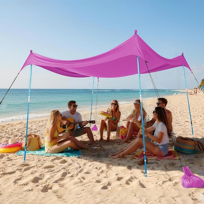 CROWN SHADES 10x10 Beach Tent Sun Shelter Easy Pop Up Beach Canopy Shade Portable Outdoor Carpas UPF50+ Includes 4 Poles Adjustable Aluminium Extra-Large Big Sand Shovel Purple