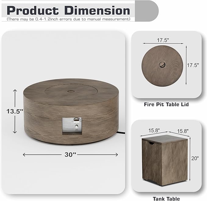 2-Piece 30 Round Propane Fire Pit for Outside Patio with Hidden Tank Table 50000 BTU Fireplaces with Wind Guard Lid Glass Rocks Cover(Wood Grain Walnut)