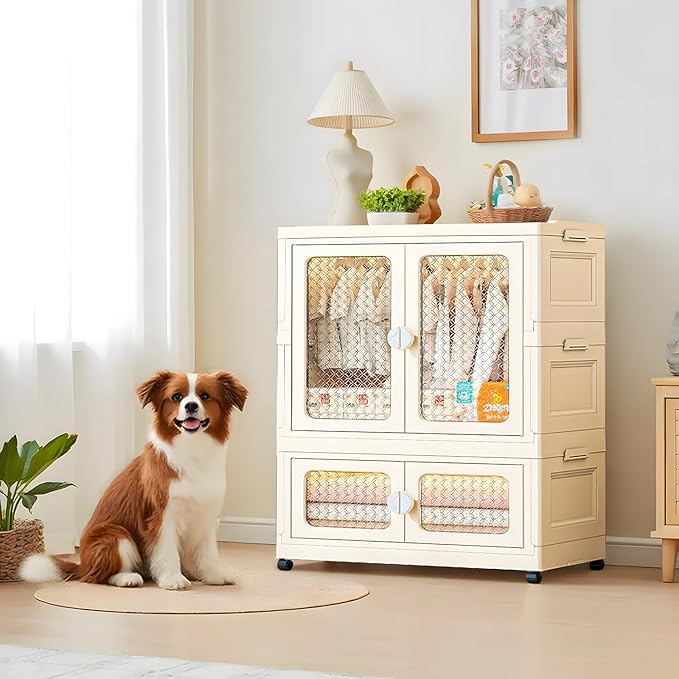 Stackable Storage Bins Plastic Collapsible Storage Containers with Doors Wheels And Hanging Rods 29.52 x 14.96 x 40.55 Large Lidded Closet Organizers Cabinet for Home OfficeWhite