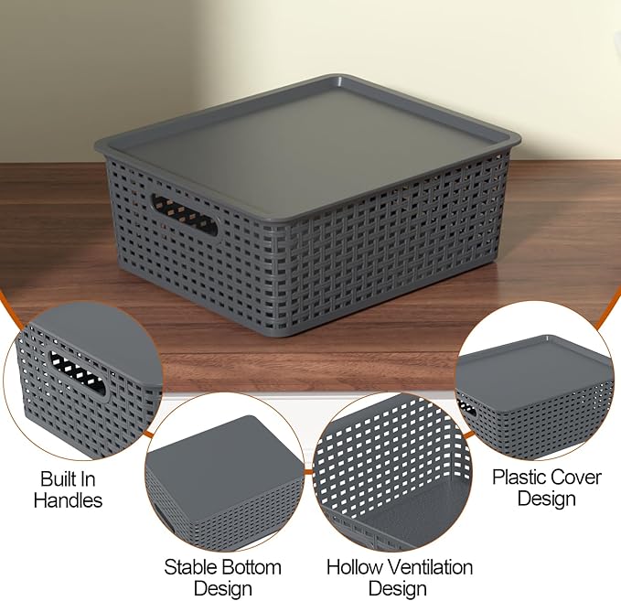 6-Pack Medium Plastic Storage Baskets Bins with Lid Lidded Storage Organizer Bins for Cabinets Countertop Shelves Gray