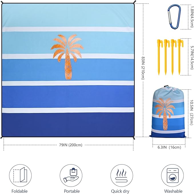 WIWIGO Beach Blanket Waterproof Sandproof Beach Mat 79 X 83/10'x9'for 2-8 Adults Quick Drying Outdoor Picnic Mat Beach Accessories for Travel Camping Hiking