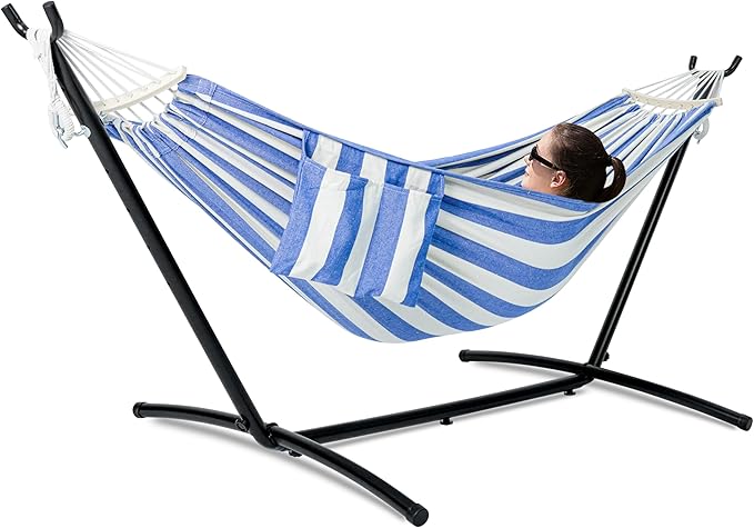 GAFETE Double Hammock with Stand for Outside Upgraded Spreader Bar Heavy Duty Space Saving Steel Stand 2 Person Convenient Pockets 600lbs Weight Capacity Indoor &amp Outdoor (Blue &amp White)