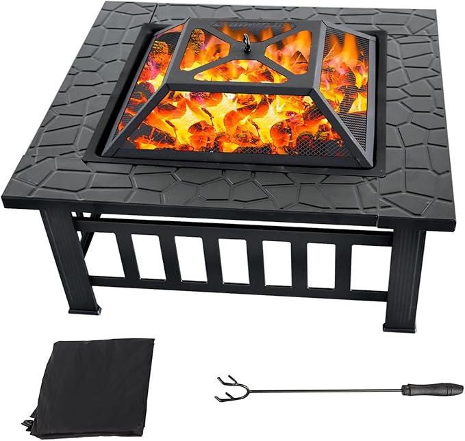 32 Fire Pit Table with Mesh Lid Wood Burning Fireplace/Firepit with Poker and Accessories