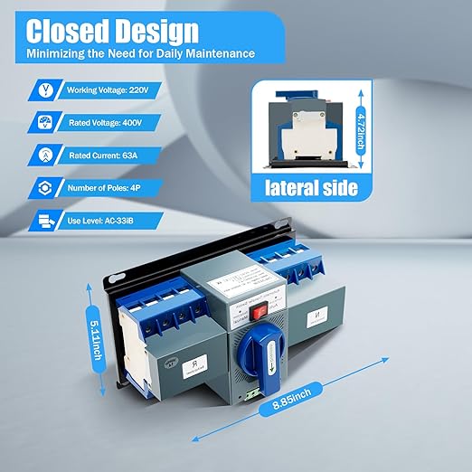 Dual Power Automatic Transfer Switch 63A 2P/4P 110V Generator Changeover Switch Tool Electronic Power Circuit Breaker Controller 50HZ/60HZ (4P/63A Blue)