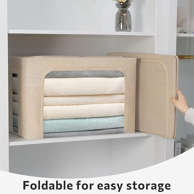 FHSQX 2 Pack Clear Window Storage Bins - Large Stackable Linen Fabric Storage for Clothes Foldable Container Organizer Set with Carrying Handles (Beige 19.7x 15.7x 12.6 Inch)