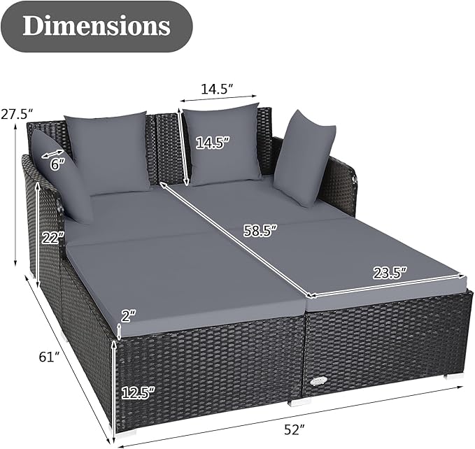 Tangkula Outdoor Rattan Daybed Wicker Furniture with Spacious Seat Upholstered Cushion &amp High-Resilience Sponge Patio Sofa Set with 4 Pillows 2-Person Sunbed for Poolside Backyard Garden &amp