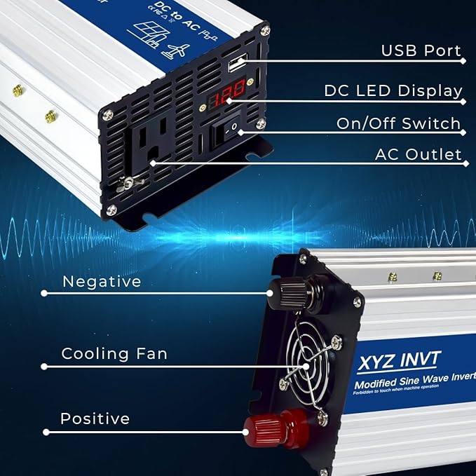 500W Power Inverter 12V DC to 110V 120V AC Modified Sine Wave Car Power Inverter with 1 AC Outlet &amp 1 USB Port &amp LED Display for Car RV Emergency Off-Grid Over 90% Efficiency