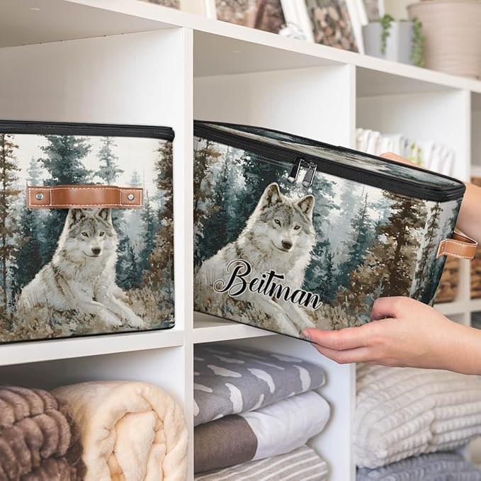 Storage-Bins with Lids Handle Customized Stackable-Storage-Bin for Kids-Boys-Girls-Toys Cube Collapsibl Basket Trees Wolf