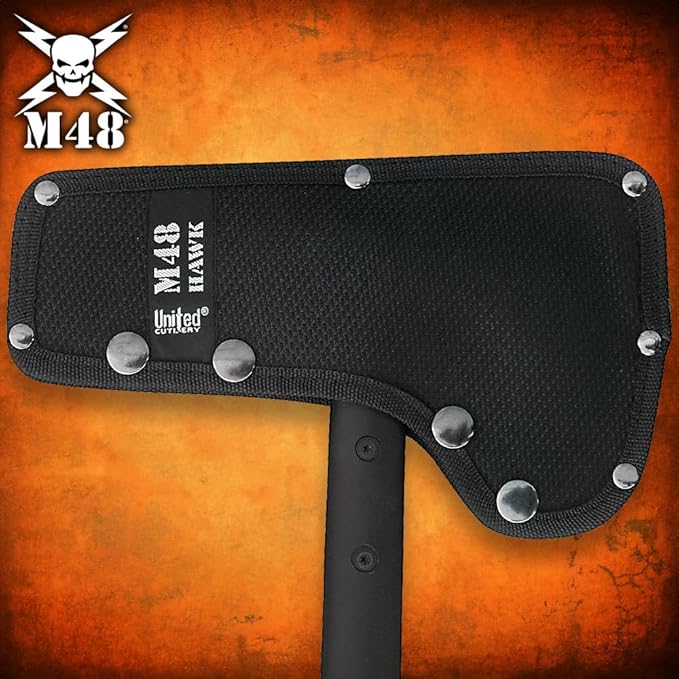M48 Tactical Tomahawk Military Axe - Black Color | 3 ⅞” Cast Stainless Steel Combat Axe with Piercing Spike | Nylon Cord Wrapped Fiberglass Handle | Camping and Tactical Gear | 15” Length