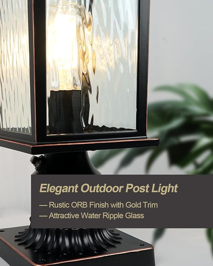 Dusk to Dawn Outdoor Post Light Hardwired Oil-Rubbed Bronze Pole Lantern with Pier Mount Base Water Ripple Glass 17'' Waterproof Lamp Post Light Fixture for Driveway Pathway Yard