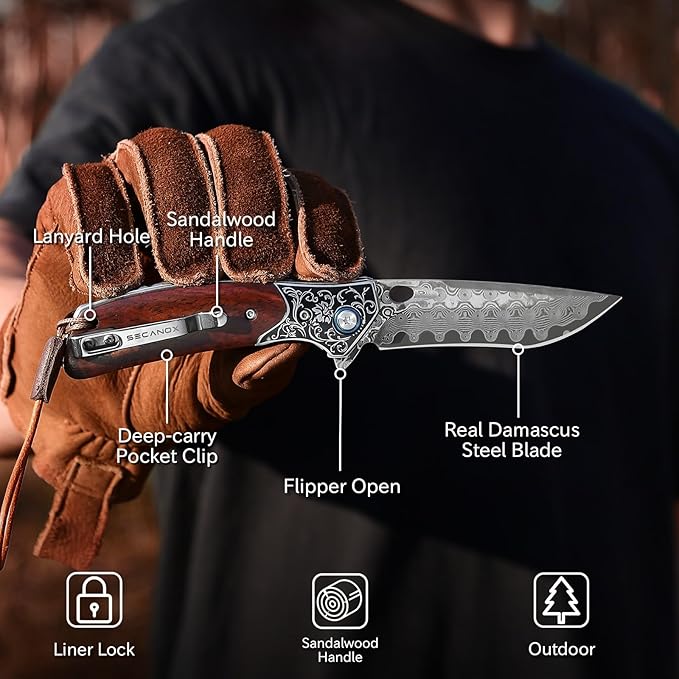 Damascus Pocket Knife with Wood Handle Sharp 3.23 Damascus Steel Blade Folding Knives EDC Knifes for Camping Hiking Collection