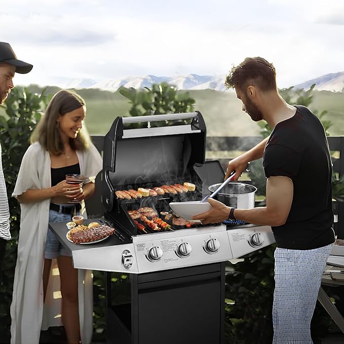Lyromix 3 Burners Gas Grill with Side Burner Propane Grill with Wheels and Storage Outdoor Gas BBQ with Oil Tray and Thermometer for Patio and Party 37000 BTU