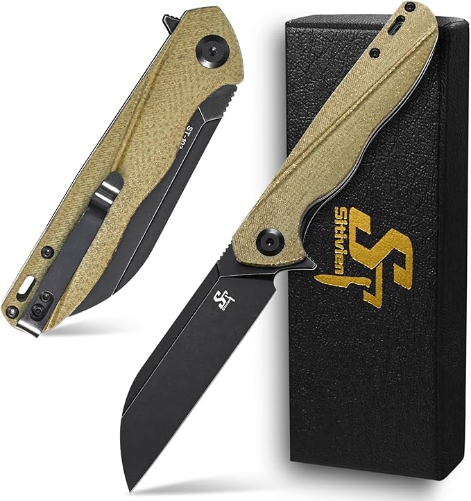 Sitivien ST103 Folding Knife D2 Steel BladeMicarta Handle EDC Tool Knife for Outdoor Camping Hunting Survival(Green)
