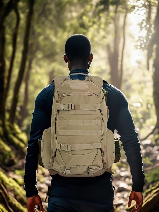 45L Waterproof Fishing Hunting Backpack Outdoor Military Rucksacks Tactical Sports Camping Hiking Trekking Bags (Khaki)