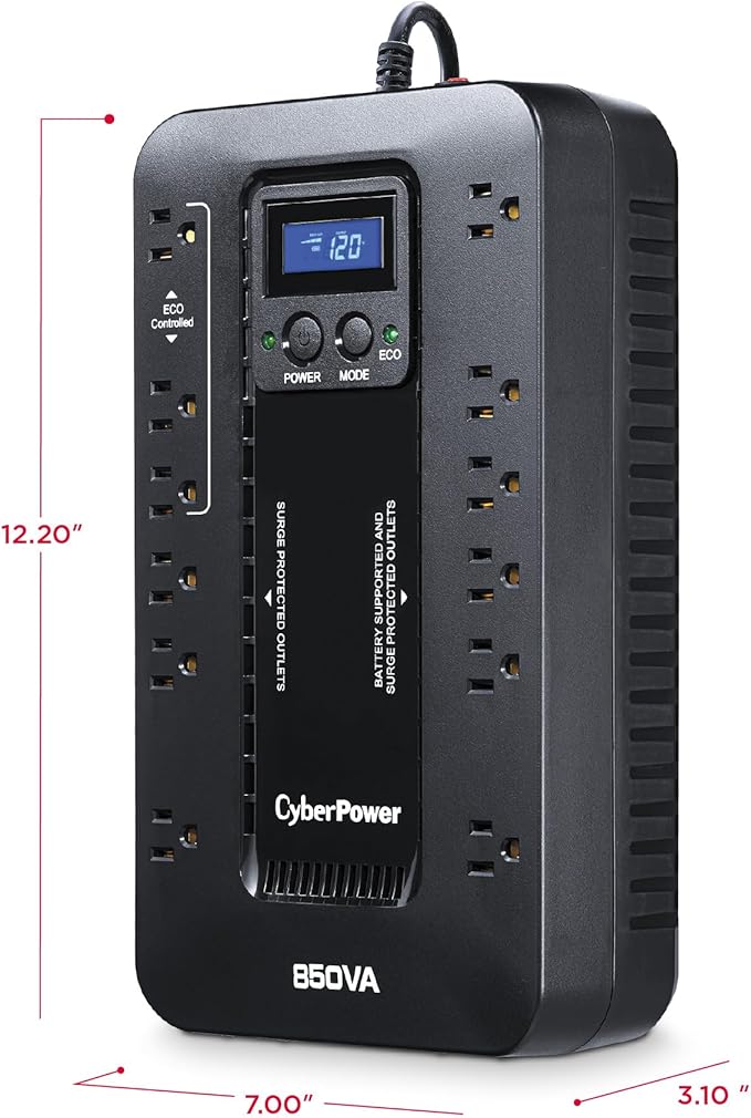 CyberPower EC850LCD Ecologic UPS Battery Backup and Surge Protector 850VA/510W 12 Outlets ECO Mode Compact UL Certified