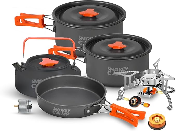 Smokey Camp Camping Cookware Mess Kit Set with Stove - Backpacking Camping Pots and Pans Set All in One Non-Stick Camping Cooking Set Portable Stove Hiking Picnic Outdoor &amp Camping Cookware S