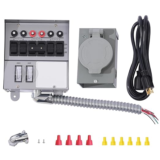 30 Amp Generator Transfer Switch Kit 6-Circuit 7500 Watts Include Weatherproof Inlet Box 10 Foot Power Cord watt Meters Indoor Surface-Mounted Use Replace 31406CWK