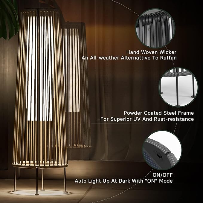 Grand patio 2-Pack Outdoor Floor Solar Light Wicker Solar Patio Lamp Waterproof Outside Deck Lamp for Porch Yard Garden Lawn Decorations - Light Brown Gordes 2 PCS