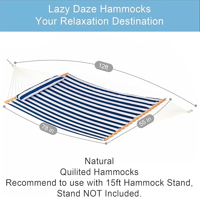 Lazy Daze Hammocks 12FT Quilted Fabric Double Hammock with Spreader Bars and Detachable Pillow 2 Person 450lbs Capacity Blue White