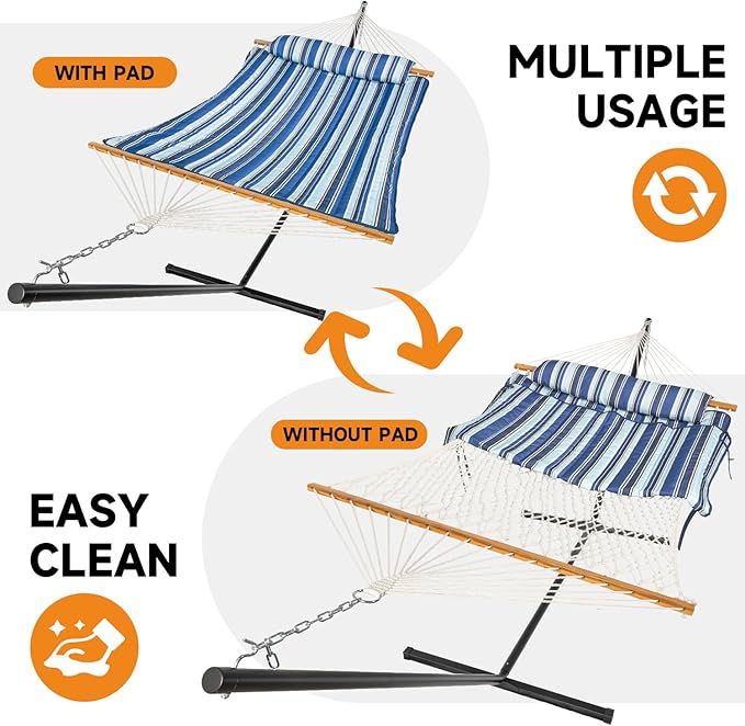 Everyfun 2 Person Outdoor Hammock with Stand Cotton Rope Hammock with Polyester Pad Adjustable Steel Frame Portable with Carrying Bag – for Patio Backyard Garden Beach Blue Stripe