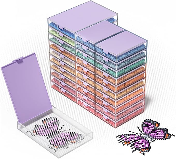 CATEARED Trabricks 2-in-1 Stackable Diamond Art Trays With Lids Diamond Art Storage Craft and Bead Storage Organizer &amp Line-Up Box Package (Clear Purple 30 piece Tray Kit)