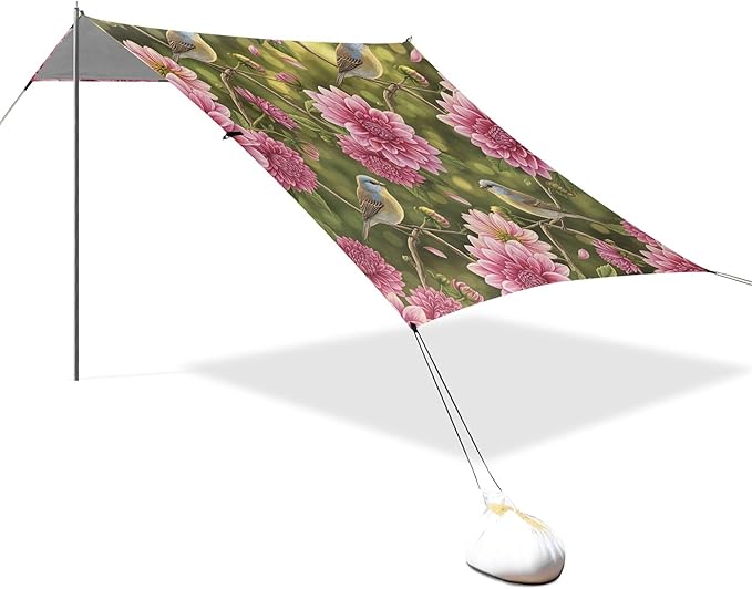 Birds Beach Canopy Sun Shelter with Sandbags &amp Sand Shovel &amp Windproof Ropes - Portable 110x126 Beach Shade Beach Tent for Camping Picnics