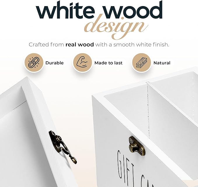 White Wooden Gift Card Holder Storage Box with Secure Metal Latch – Keeps Gift Cards Organized &amp Protected – Elegant Farmhouse Gift Card Organizer