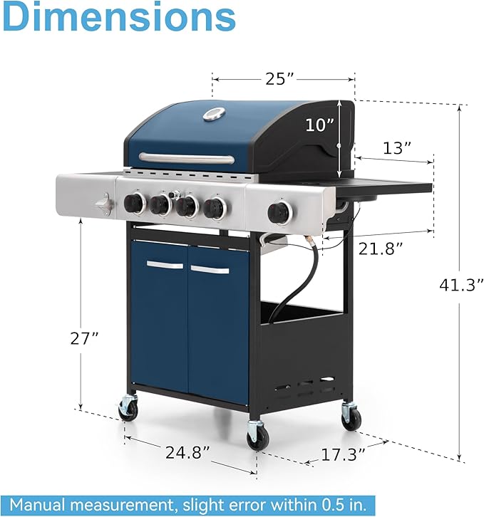 GREEN PARTY 4 Burner BBQ Propane Gas Grill with Side Burner &amp Porcelain-Enameled Cast Iron Grates 545 SQIN Grilling Area 42000 BTUs Barbecue Grill for Outdoor Cooking Garden Patio Backyard Blue