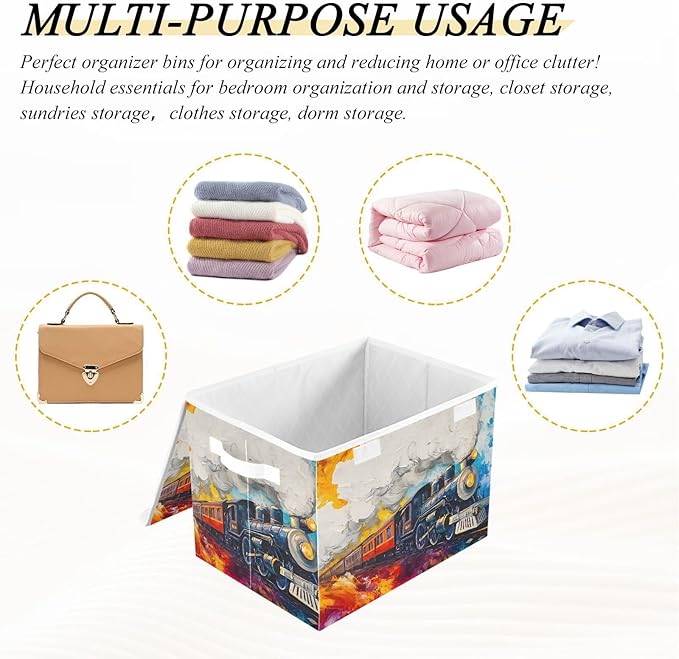 Pastel Train Storage Cube Bins Basket with Lid Collapsible Flip-top Fabric with Handle for Home Bedroom Closet Office 16.5×12.6×11.8 in