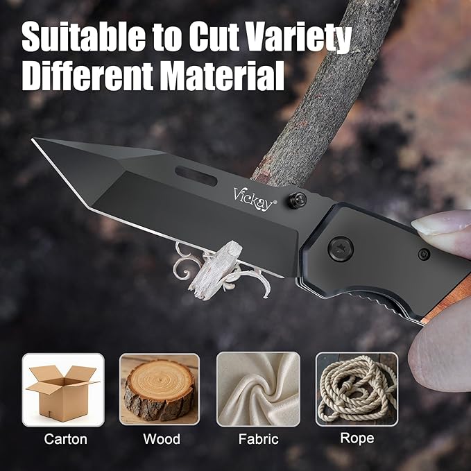Vickay Pocket Knife Folding Knife with Clip - 3.54″ Steel Blade Wood Handle EDC Knife for Men &amp Women Outdoor Camping Hunting Hiking Fishing - Father’s Day Gift (Black)