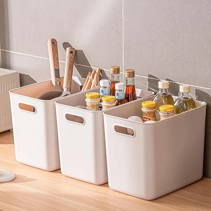 Plastic Storage Bins with lidsStorage BasketsContainer with handleStorage Organizer Bins for ShelvesOfficeBedroomsClosets Cabinets(Gray3L)