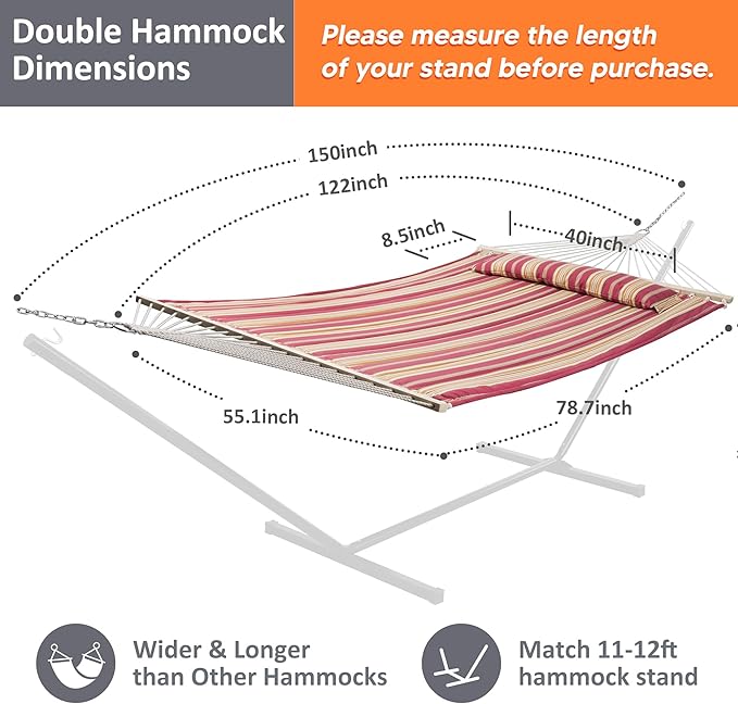 SUNCREAT Double Hammock Quilted Fabric Swing with Spreader Bar Detachable Pillow 55” x79” Large Hammock Red Stripes