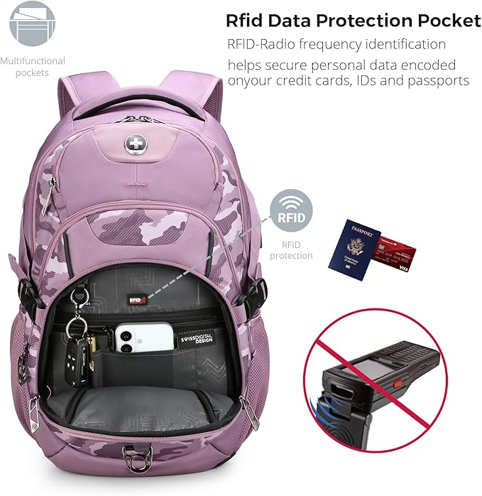 Swissdigital Design Laptop Backpack with USB Charging Port Travel Backpack Fits 15.6 inches Computer 31L College School Backpack for Men Pink Camo | SD803-93