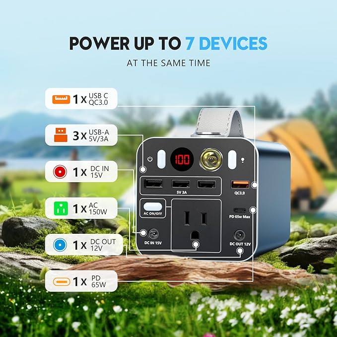 150W Portable Power Station 155.4Wh Portable Laptop Charger with AC Outlet DC/USB-C Port Battery Backup Power Supply for Outdoor Camping Home Outage